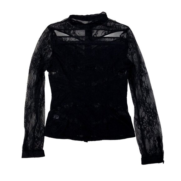 Y2K Bebe Black Sheer Lace Womens XS Long Sleeve Button-Up Whimsygoth Grunge - Picture 5 of 8